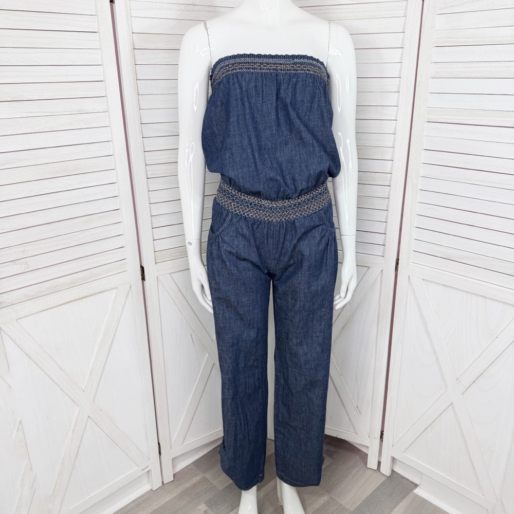 Poetry Boho Smocked Strapless Wide Leg Chambray Jumpsuit Denim Blue Small